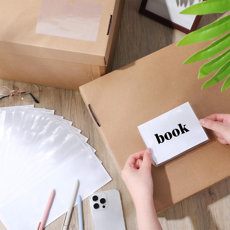 Outus 100 Pcs 2 x 3.75, 3 x 5 Inch Clear Self Adhesive Pockets - Bin Labels for Storage Bins, Pocket Label Sleeves, Plastic Index Card Holder with Top Open for Organizing Bins Box Drawer - Image 4